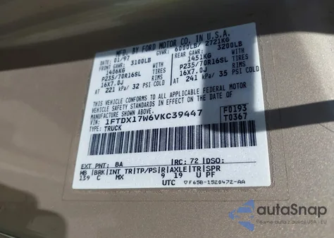 1997 Ford F-150 Lariat/Standard/Xl/Xlt z USA, uszkodzony, nr VIN 1FTDX17W6VKC39447